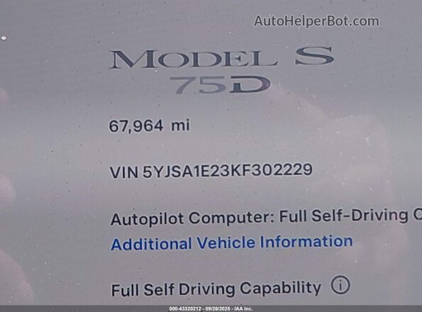 5YJSA1E23KF302229 2019 TESLA MODEL S Black Widok wnętrza 360 stopni