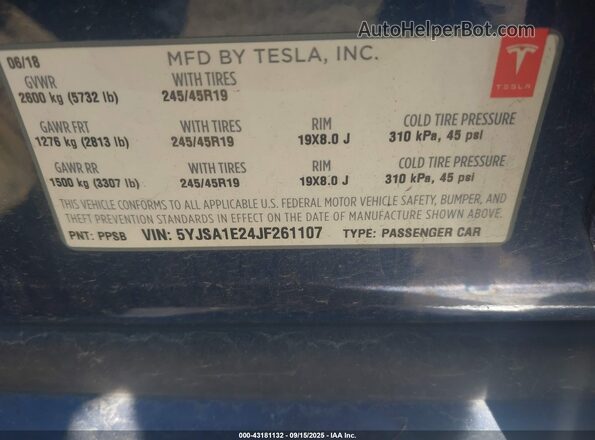 5YJSA1E24JF261107 2018 TESLA MODEL S Синий Вид подкапотного пространства