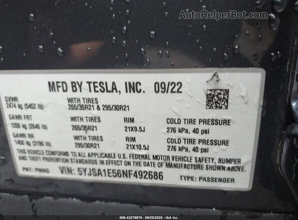 5YJSA1E56NF492686 2022 TESLA MODEL S Black 