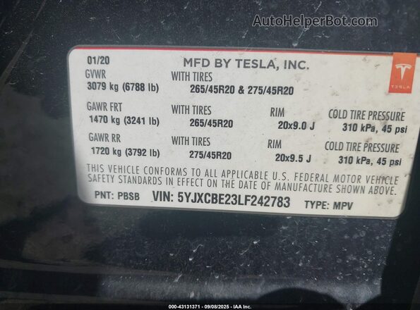 5YJXCBE23LF242783 2020 TESLA MODEL X Black Շարժիչի բաժամունքի տեսք