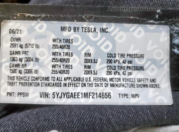 5YJYGAEE1MF214656 2021 TESLA MODEL White 