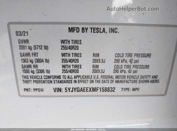 5YJYGAEEXMF158832 2021 TESLA MODEL Y White Вид підкапотного простору