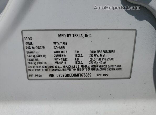 5YJYGDEE0MF076089 2021 TESLA MODEL Белый Панорамный вид салона 360°