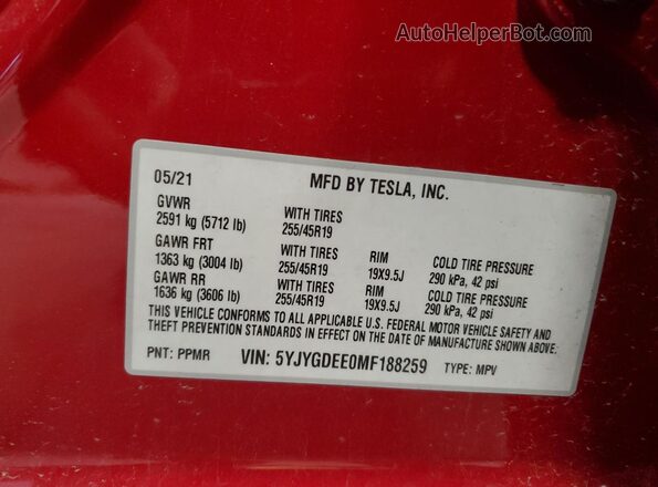 5YJYGDEE0MF188259 2021 TESLA MODEL Y Red Вид наклейки з VIN-кодом