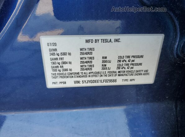 5YJYGDEE1LF029586 2020 TESLA MODEL Blue Вид наклейки з VIN-кодом