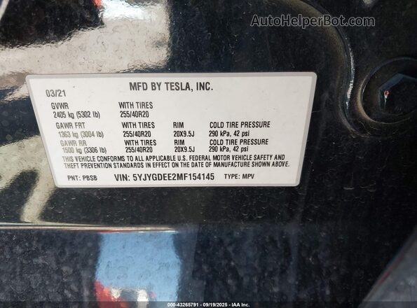 5YJYGDEE2MF154145 2021 TESLA MODEL Y Black Вид підкапотного простору