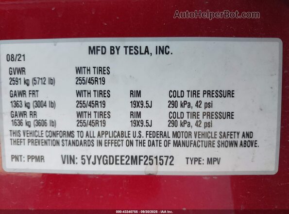 5YJYGDEE2MF251572 2021 TESLA MODEL Y Red 