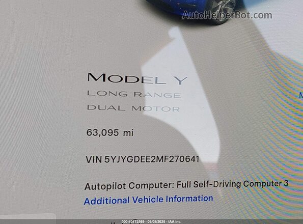 5YJYGDEE2MF270641 2021 TESLA MODEL Y White უკანა სავარძლების ხედი