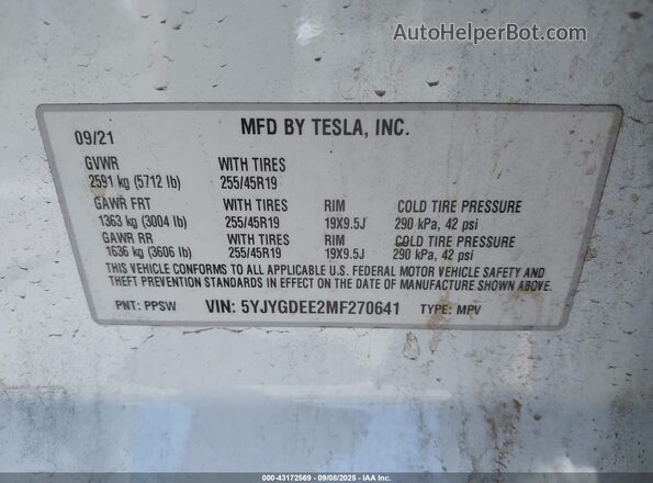 5YJYGDEE2MF270641 2021 TESLA MODEL Y White ძრავის განყოფილების ხედი