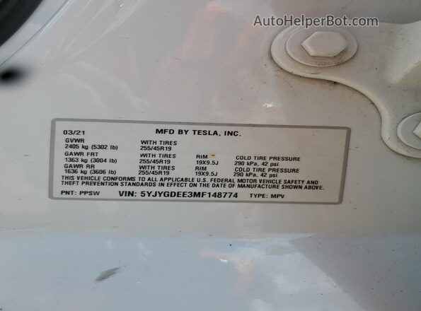 5YJYGDEE3MF148774 2021 TESLA MODEL White Շարժիչի բաժամունքի տեսք