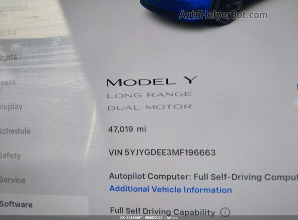 5YJYGDEE3MF196663 2021 TESLA MODEL Y Синий Панорамный вид салона 360°