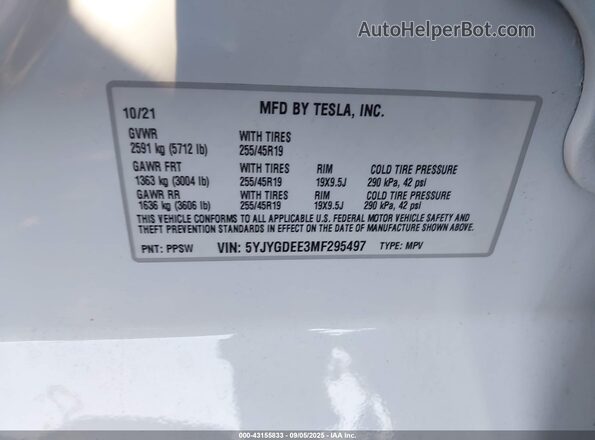 5YJYGDEE3MF295497 2021 TESLA MODEL Y White 
