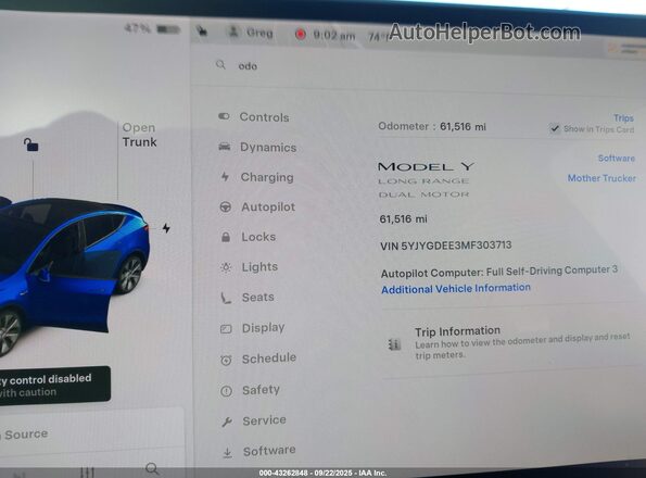 5YJYGDEE3MF303713 2021 TESLA MODEL Y Синий Вид задних сидений