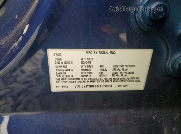 5YJYGDEE4LF020963 2020 TESLA MODEL Blue Widok komory silnika