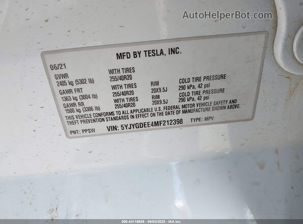 5YJYGDEE4MF212398 2021 TESLA MODEL Y White Շարժիչի բաժամունքի տեսք