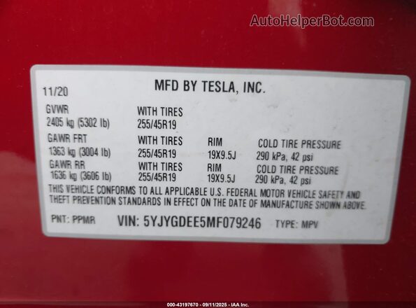 5YJYGDEE5MF079246 2021 TESLA MODEL Y Red Вид підкапотного простору