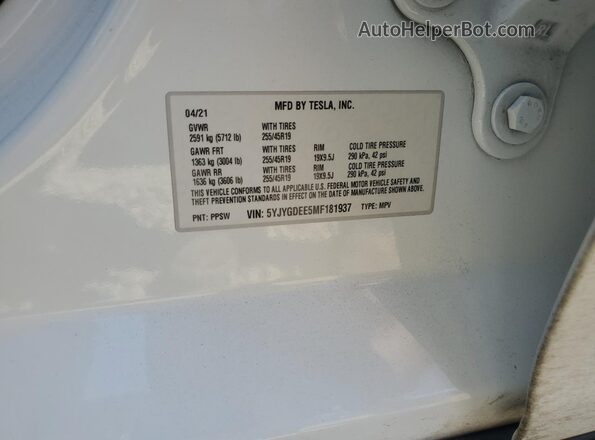 5YJYGDEE5MF181937 2021 TESLA MODEL White 