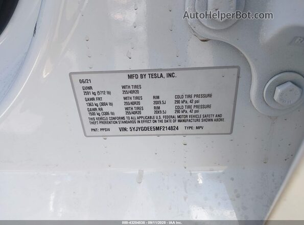 5YJYGDEE5MF214824 2021 TESLA MODEL Y White Շարժիչի բաժամունքի տեսք