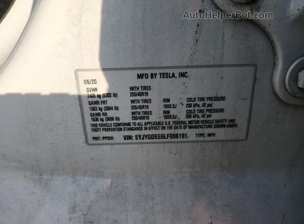 5YJYGDEE6LF006191 2020 TESLA MODEL Gray Вид наклейки з VIN-кодом