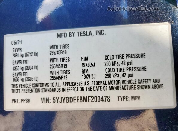 5YJYGDEE8MF200478 2021 TESLA MODEL Blue Շարժիչի բաժամունքի տեսք