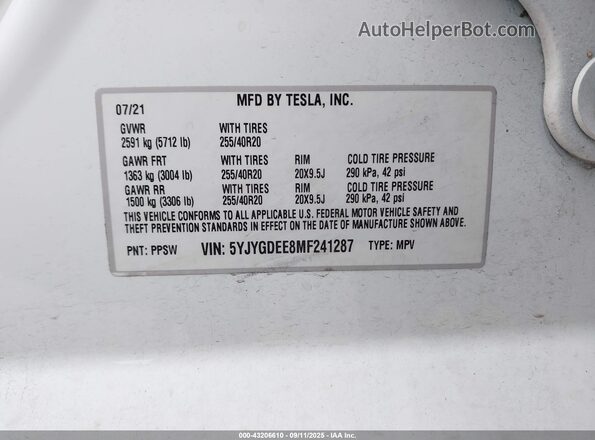 5YJYGDEE8MF241287 2021 TESLA MODEL Y White Engine compartment view