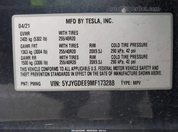 5YJYGDEE9MF173288 2021 TESLA MODEL Y Gray ძრავის განყოფილების ხედი