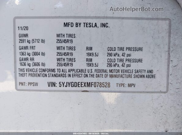 5YJYGDEEXMF078528 2021 TESLA MODEL Y Белый Вид подкапотного пространства