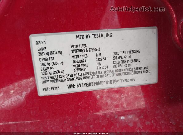 5YJYGDEF0MF141015 2021 TESLA MODEL Y Red 