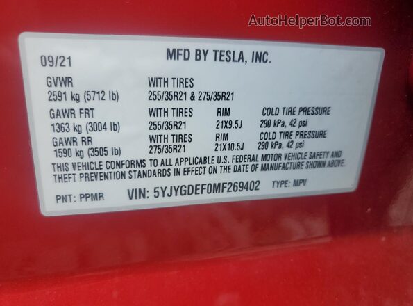 5YJYGDEF0MF269402 2021 TESLA MODEL Red 