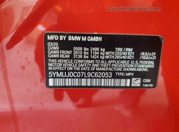 5YMUJ0C07L9C62053 2020 BMW X4 Red Widok naklejki z numerem VIN