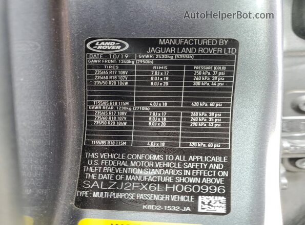 SALZJ2FX6LH060996 2020 LAND ROVER RANGE Gray 360 interior view
