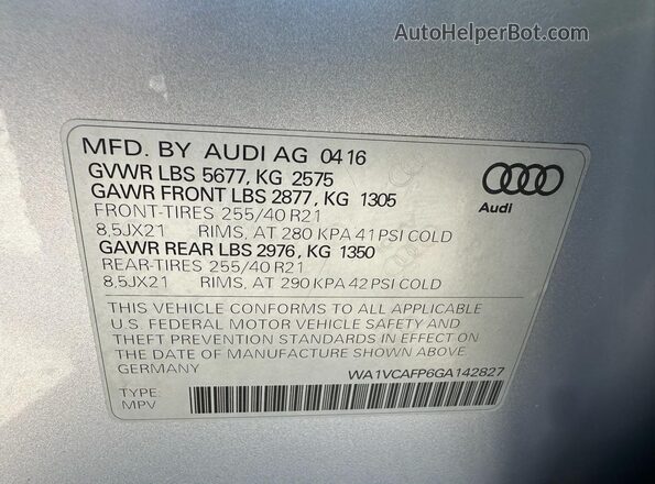 WA1VCAFP6GA142827 2016 AUDI SQ5 Серебряный Вид задней части салона