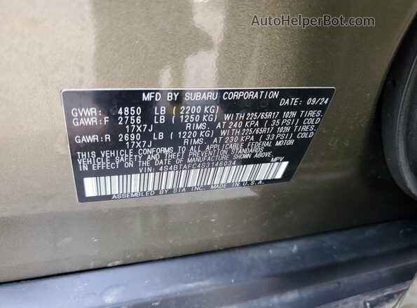 4S4BTAFC4S3146034 2025 SUBARU OUTBACK Green Vista interior de 360 grados