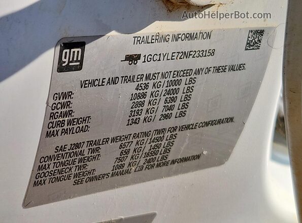 1GC1YLE72NF233158 2022 CHEVROLET SILVERADO White VIN კოდის სტიკერის ხედი