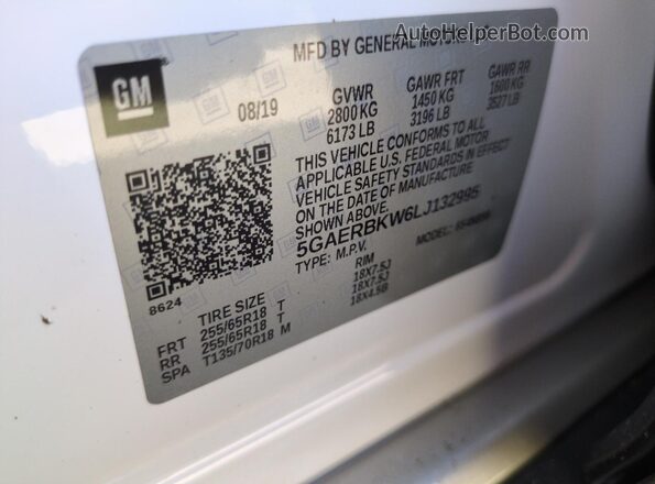 5GAERBKW6LJ132995 2020 BUICK ENCLAVE White VIN sticker view
