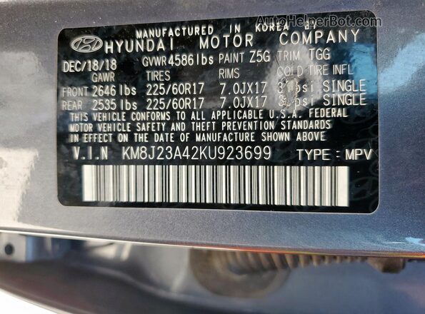 KM8J23A42KU923699 2019 HYUNDAI TUCSON Gray Панорамний вид салону 360°