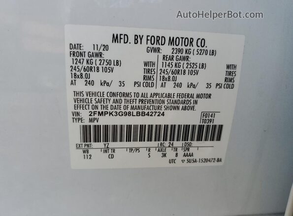 2FMPK3G98LBB42724 2020 FORD EDGE White სალონის 360-გრადუსიანი ხედი