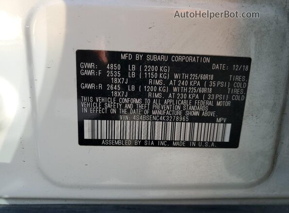 4S4BSENC4K3278965 2019 SUBARU OUTBACK White Панорамний вид салону 360°