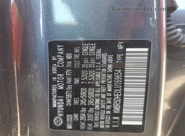KM8R5DHE0LU169654 2020 HYUNDAI PALISADE Gray Widok wnętrza 360 stopni