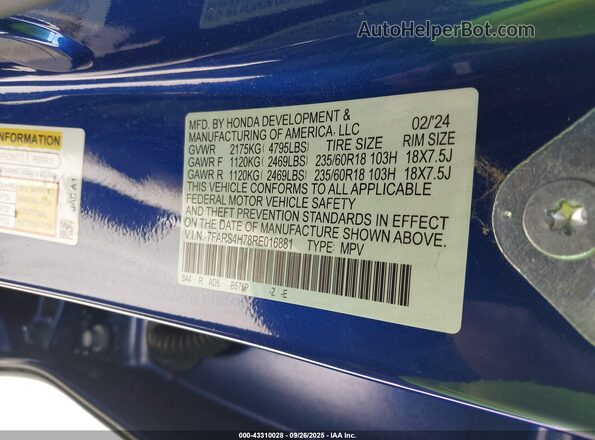7FARS4H78RE016881 2024 HONDA CR-V Blue Շարժիչի բաժամունքի տեսք