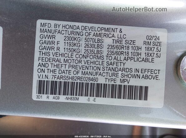 7FARS5H82RE028460 2024 HONDA CR-V Silver Շարժիչի բաժամունքի տեսք