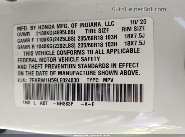 7FARW1H59LE024030 2020 HONDA CR-V White Вид підкапотного простору