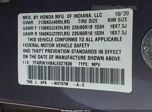 7FARW1H84LE027606 2020 HONDA CR-V Gray Շարժիչի բաժամունքի տեսք