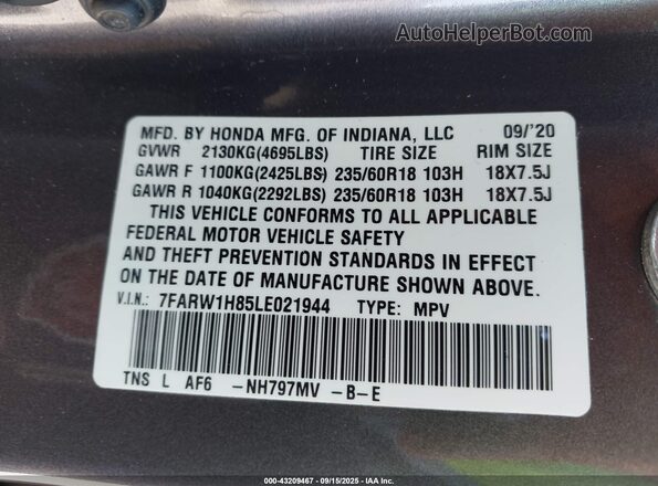 7FARW1H85LE021944 2020 HONDA CR-V Gray Շարժիչի բաժամունքի տեսք