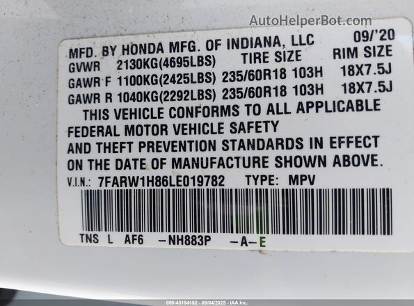 7FARW1H86LE019782 2020 HONDA CR-V White Widok komory silnika