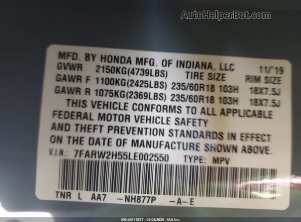 7FARW2H55LE002550 2020 HONDA CR-V Blue Vista del compartimento del motor