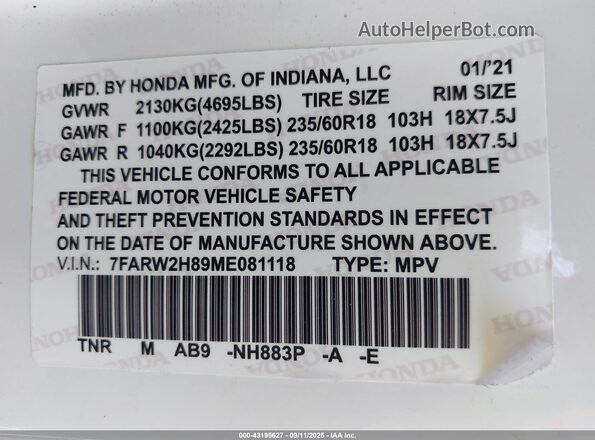 7FARW2H89ME081118 2021 HONDA CR-V White ძრავის განყოფილების ხედი