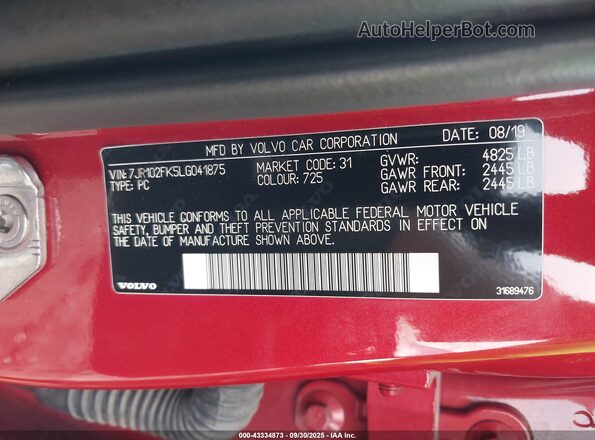7JR102FK5LG041875 2020 VOLVO S60 Red Widok komory silnika