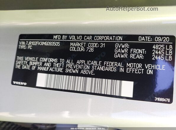 7JR102FKXMG093505 2021 VOLVO S60 Cream 