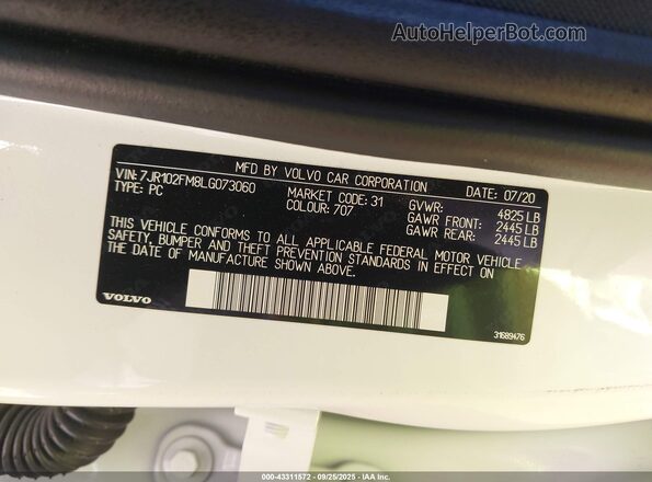 7JR102FM8LG073060 2020 VOLVO S60 White Widok komory silnika
